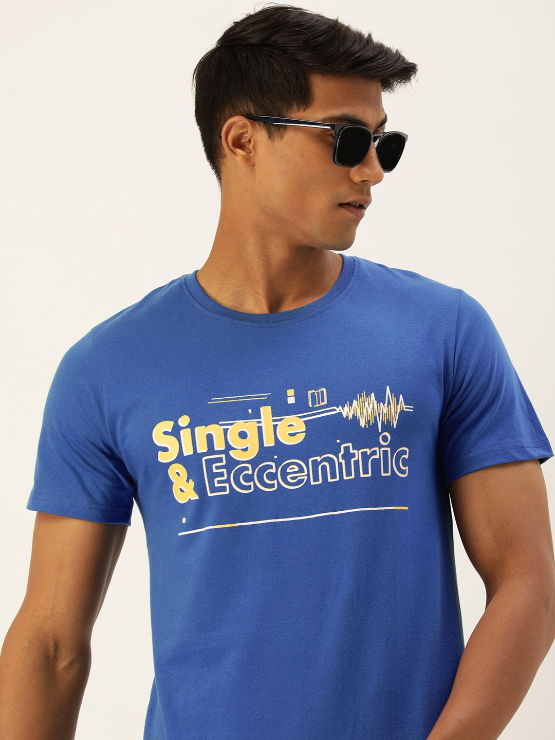 

SINGLE Men Blue & Yellow Typography Printed Pure Cotton T-shirt