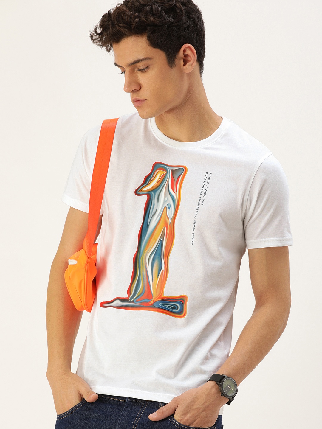 

SINGLE Men White Varsity Printed Pure Cotton Slim Fit T-shirt