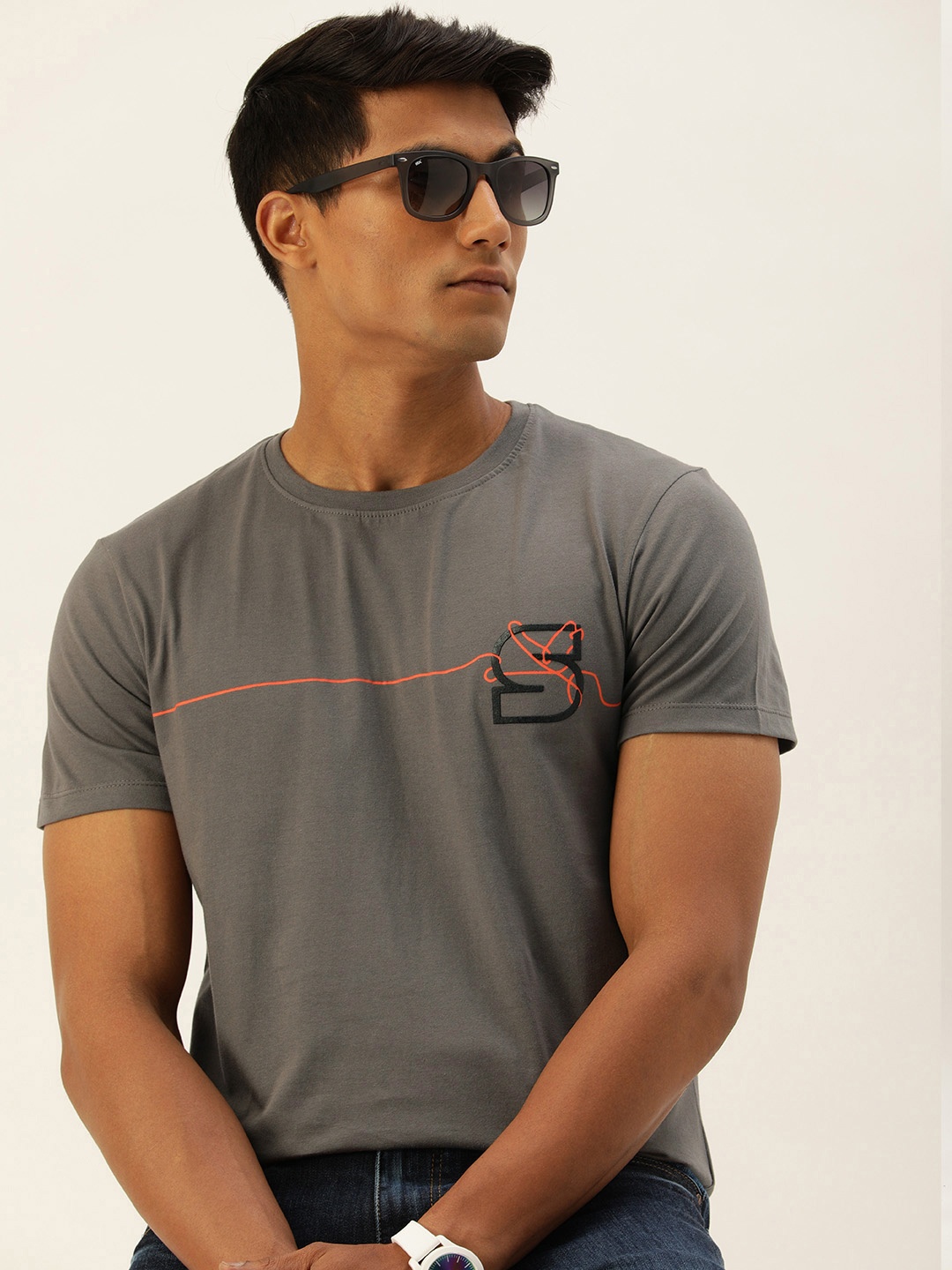 

SINGLE Men Grey & Orange Printed Applique Pure Cotton T-shirt