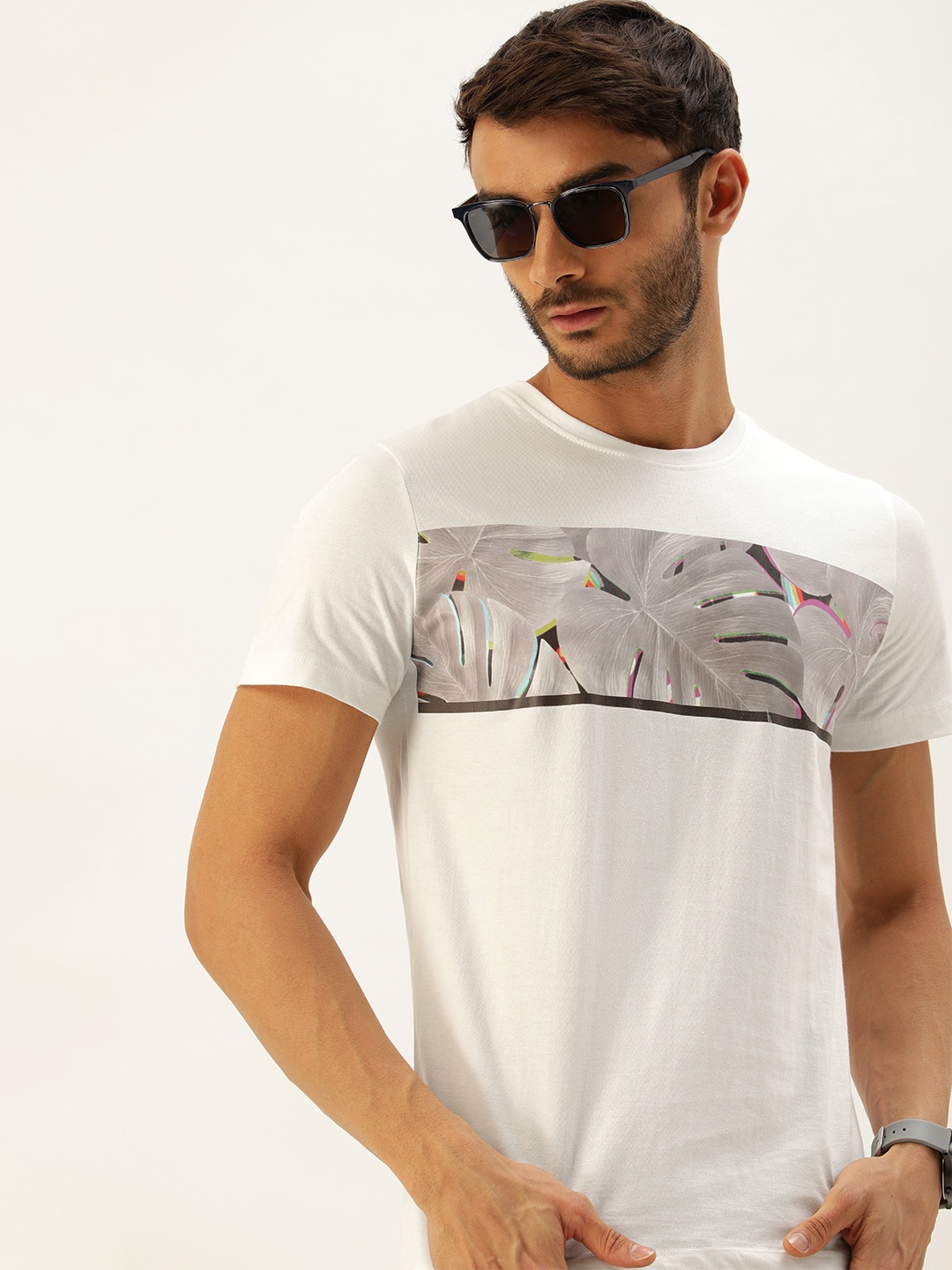 

SINGLE Men White & Grey Typography Printed Pure Cotton T-shirt