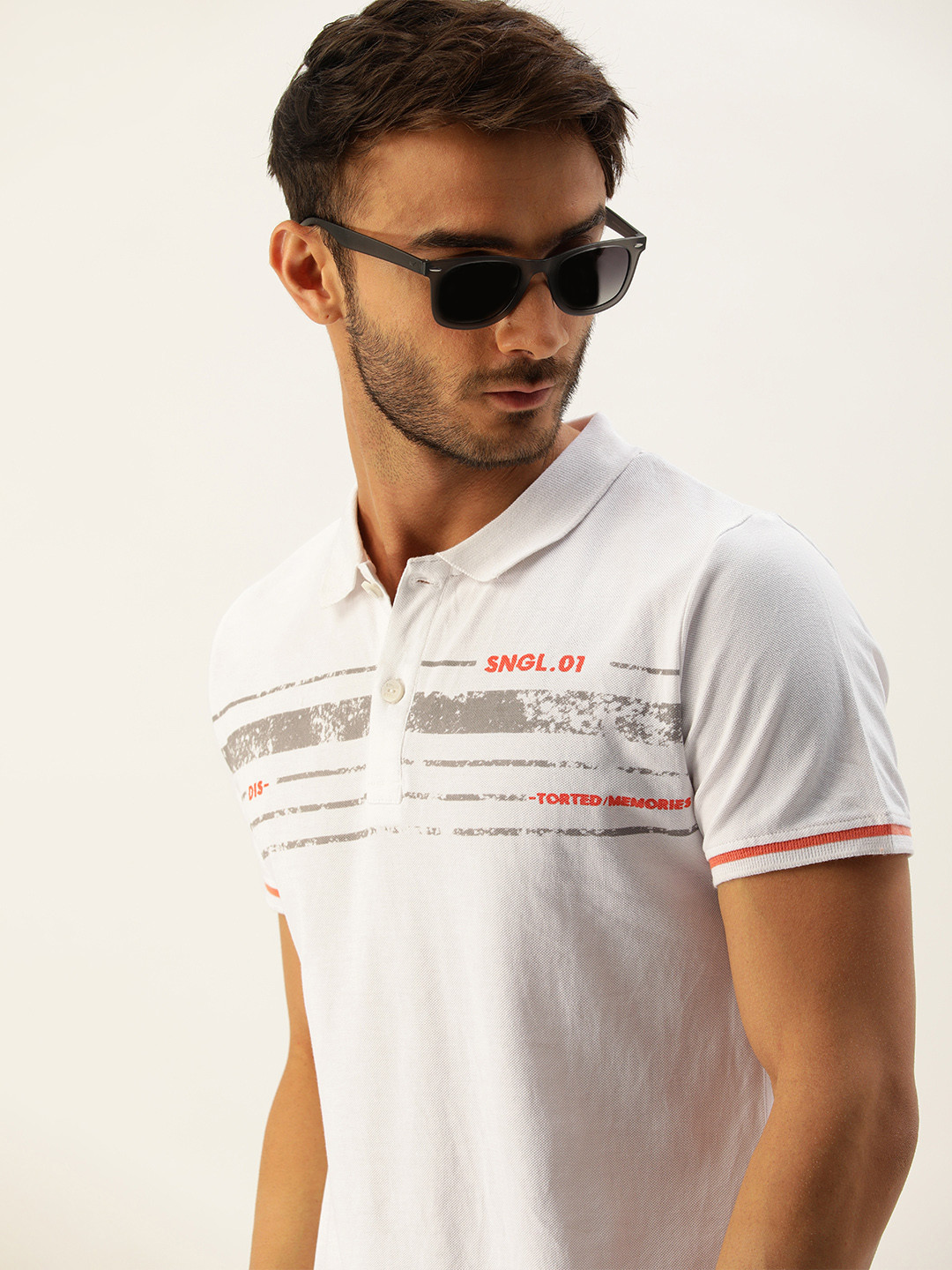 

SINGLE Men White & Grey Striped Polo Collar Pure Cotton Slim Fit T-shirt