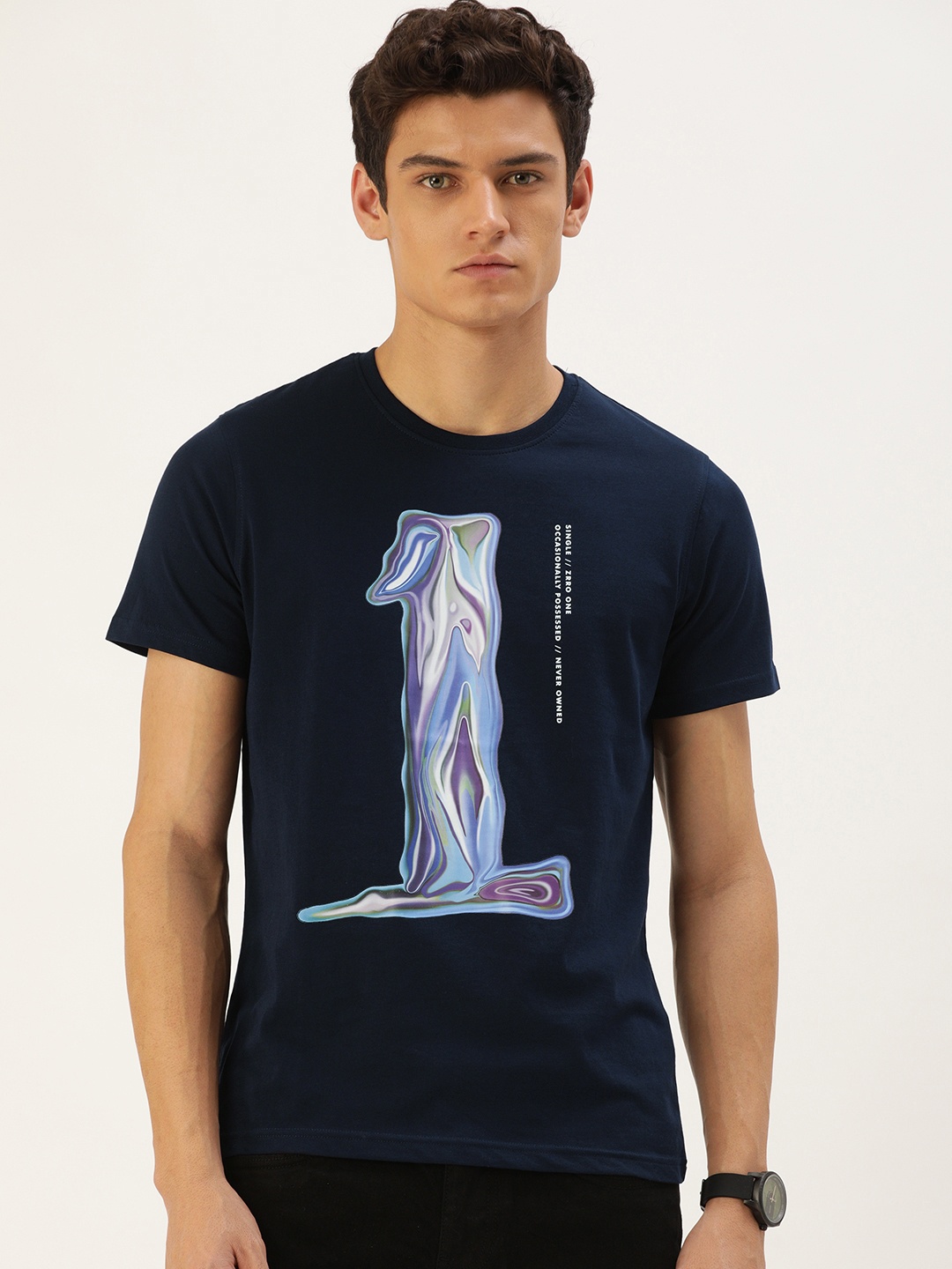 

SINGLE Men Navy Blue Varsity Printed Pure Cotton Slim Fit T-shirt