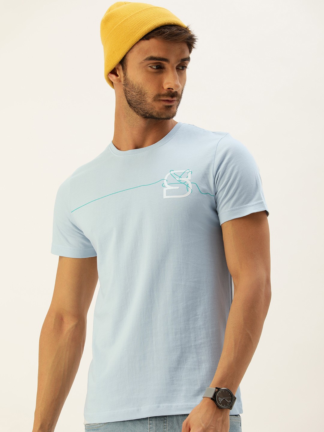 

SINGLE Men Blue & White Printed Applique Pure Cotton T-shirt