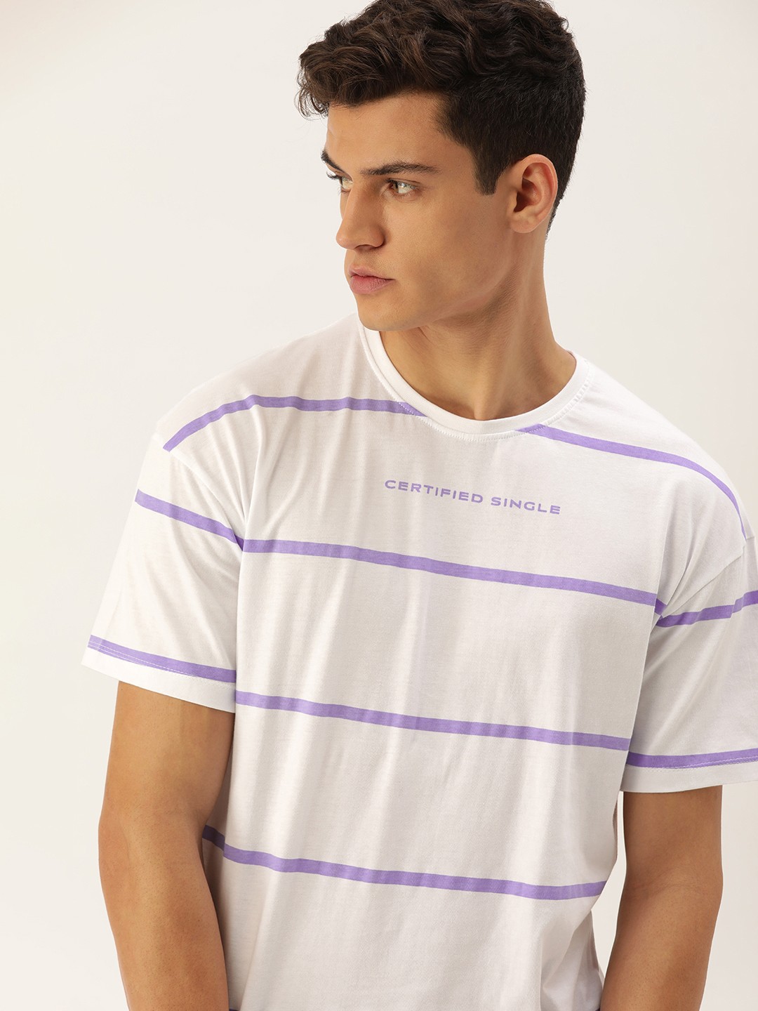 

SINGLE Men White & Purple Striped Pure Cotton Slim Fit T-shirt