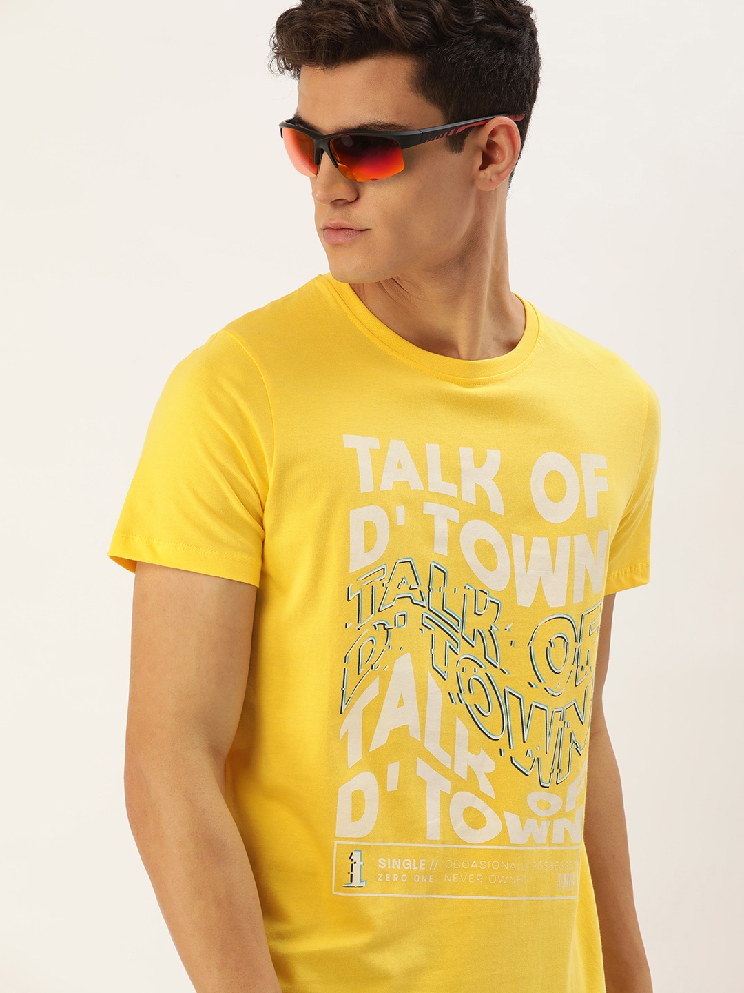 

SINGLE Men Yellow & White Typography Printed Pure Cotton Slim Fit T-shirt