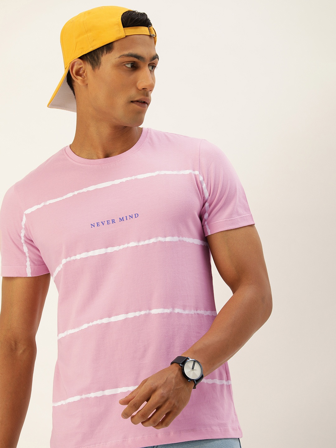 

SINGLE Men Pink & White Striped Slim Fit T-shirt