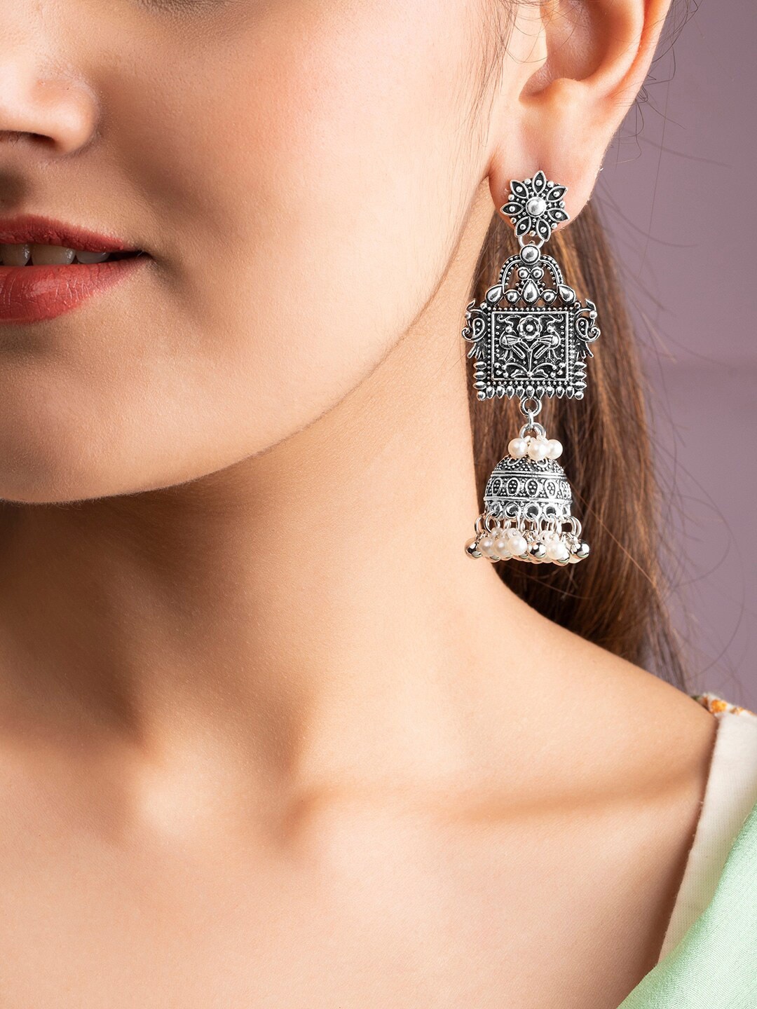 

Rubans Silver-Plated Dome Shaped Jhumkas