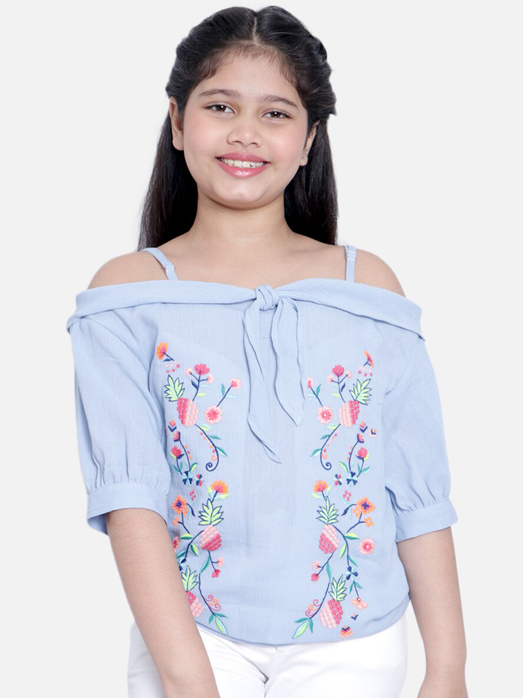 

Natilene Girls Blue Floral Embroidered Cotton Top
