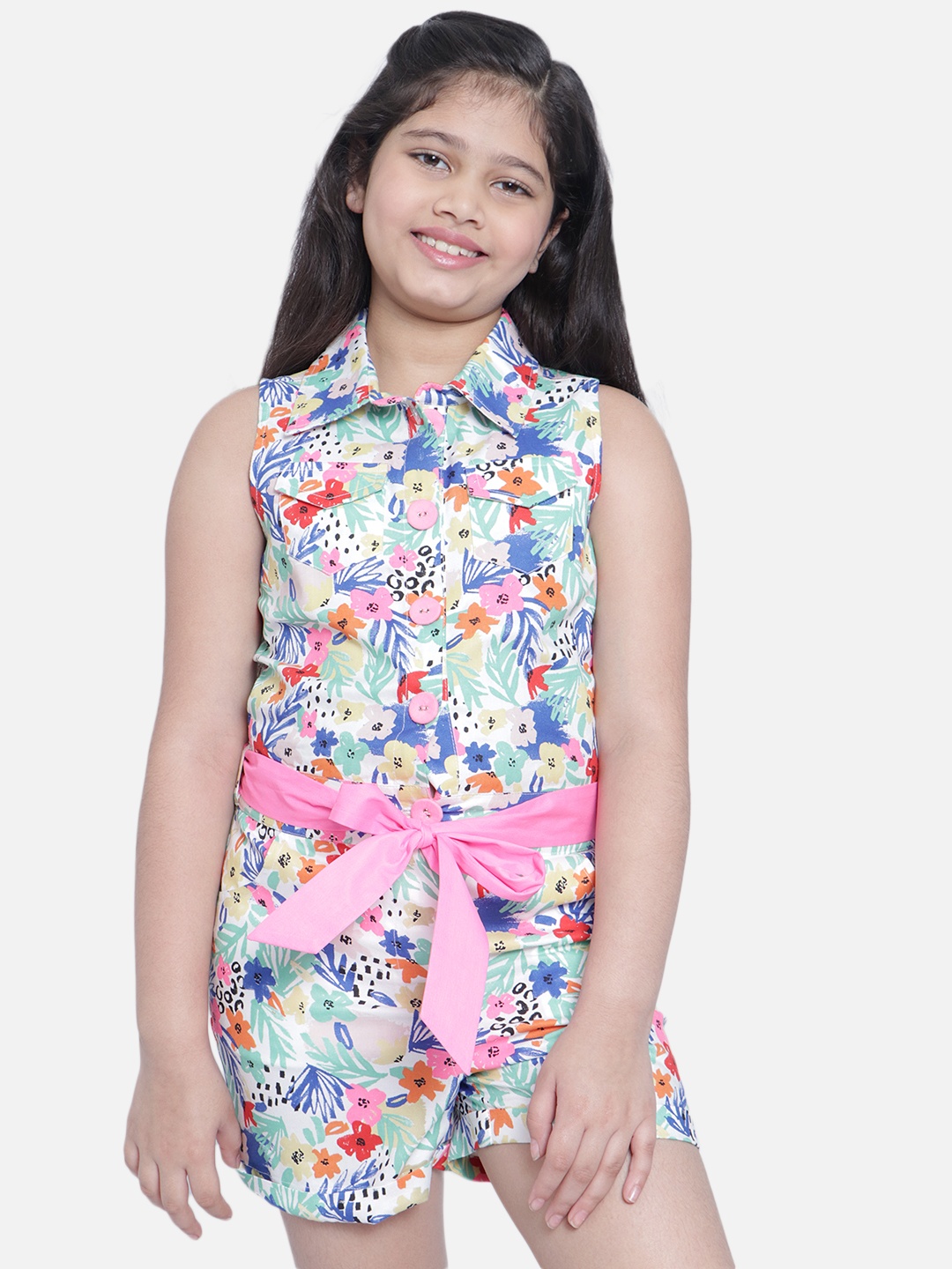 

Natilene Girls White & Pink Printed Basic Jumpsuit