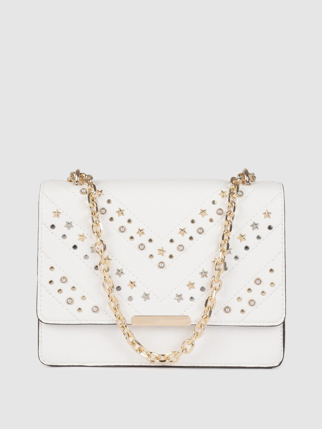 

Accessorize White Solid PU Regular Structured Handheld Bag with Embellished Detail