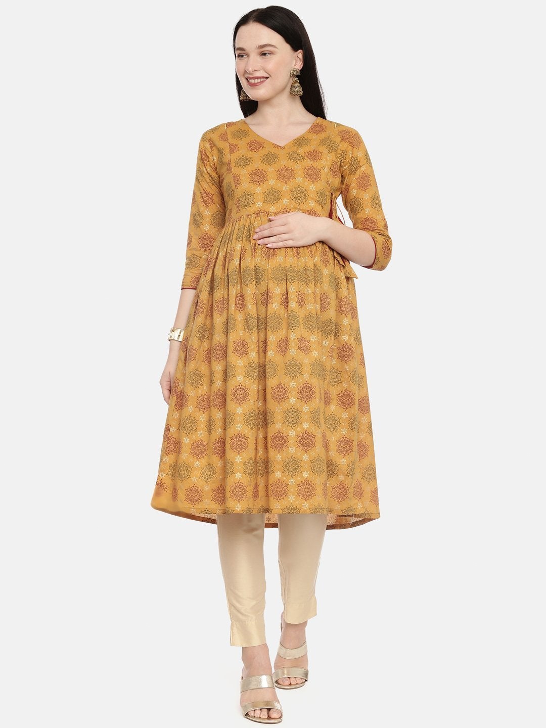 

The Mom Store Mustard Yellow & Green Floral Printed V-Neck Maternity Angrakha Kurti