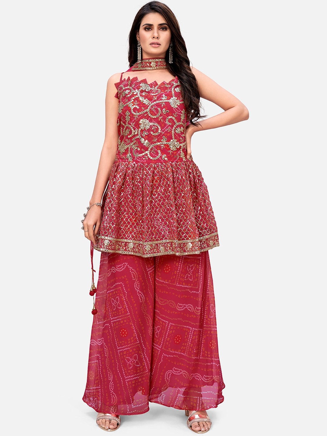 

SHOPGARB Women Pink Ethnic Motifs Printed Gotta Patti Silk Georgette Kurti with Palazzos