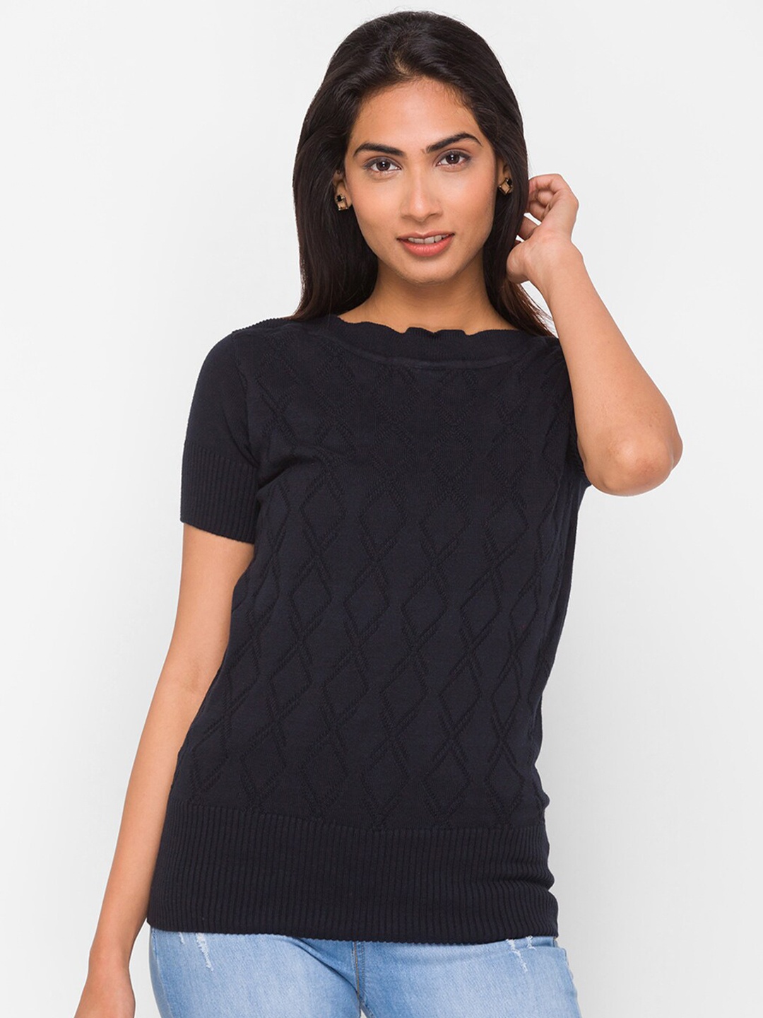

Globus Women Black Self Design Cotton Pullover