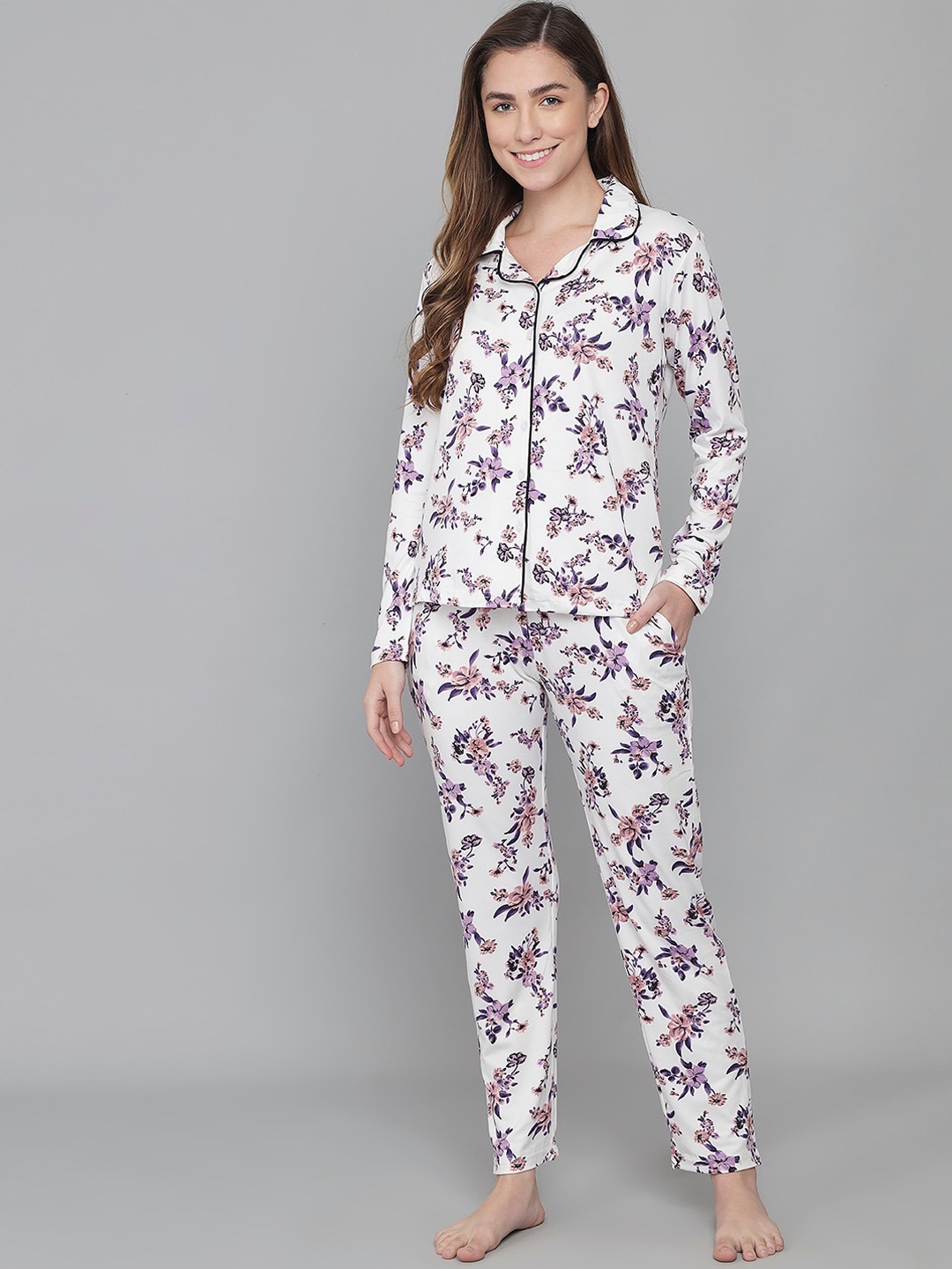

ANTI CULTURE Women Off White & Pink Printed Night suit