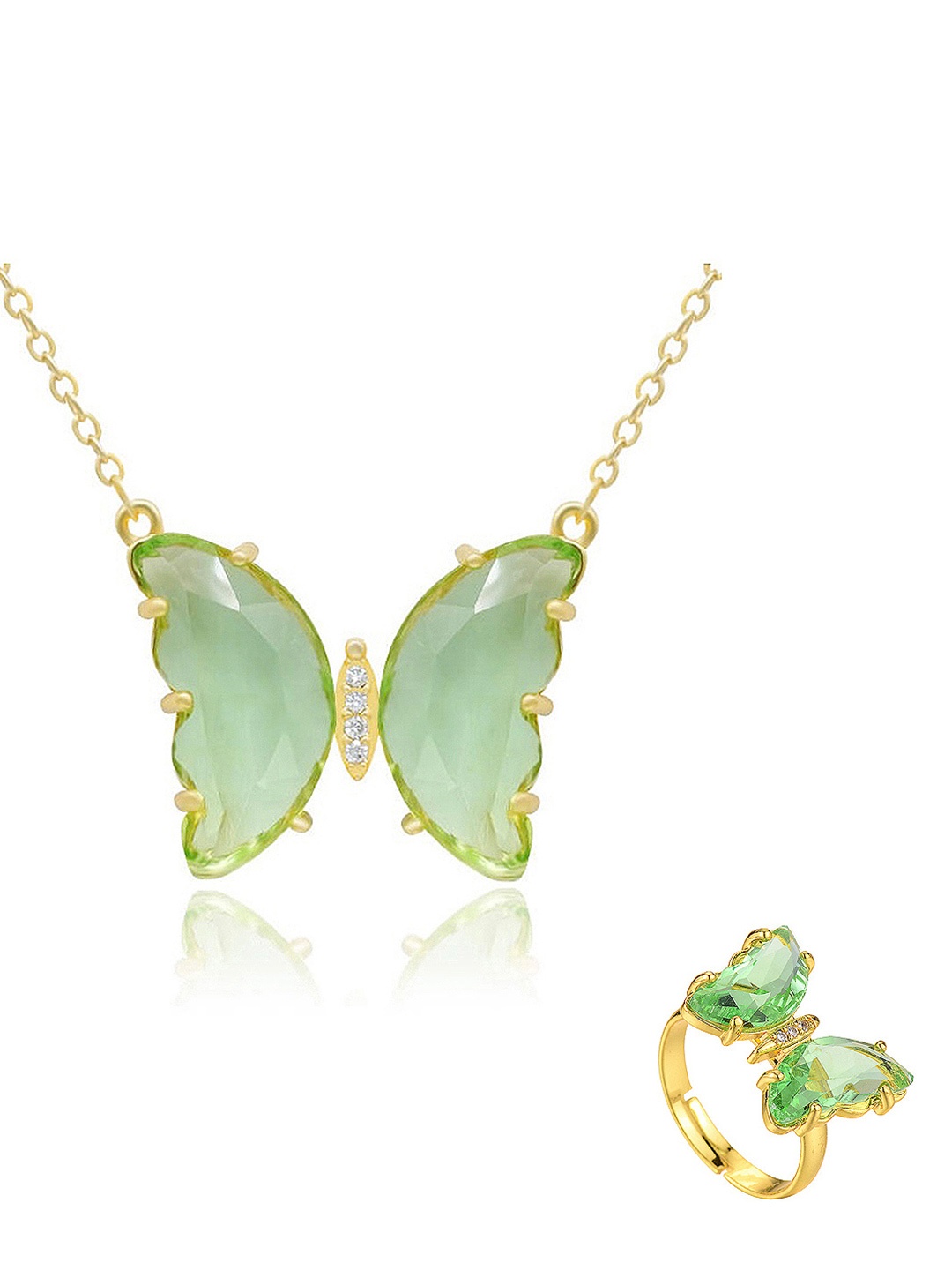 

Vembley Gold-Toned & Green Crystal Pendent Necklace With Ring