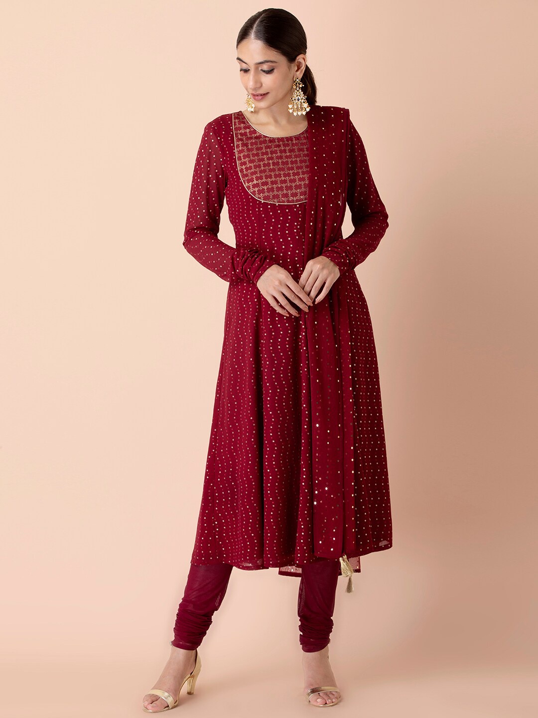 

INDYA Maroon & Gold-Toned Foil Mesh Dupatta
