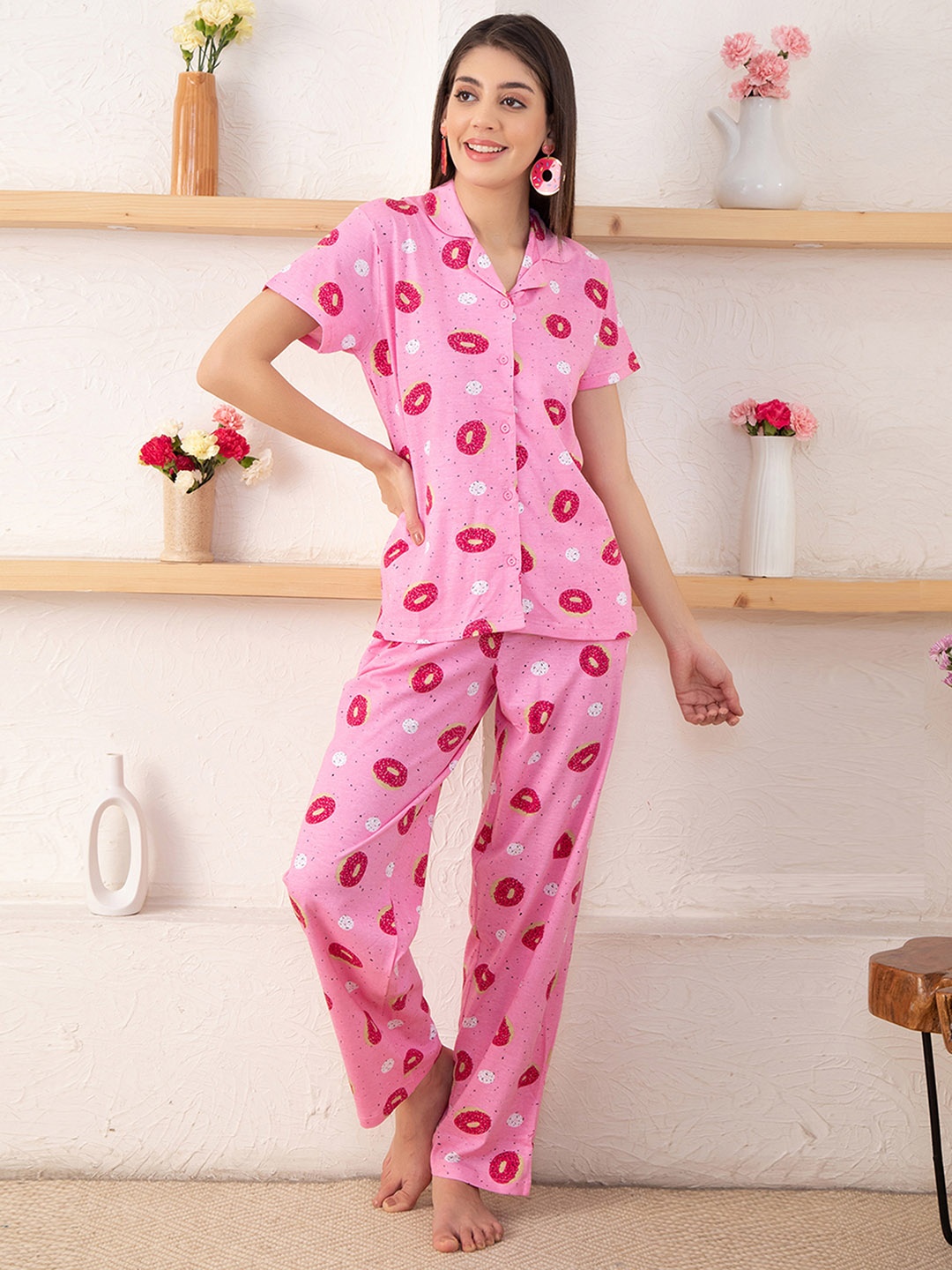 

Clovia Women Donut Print Top & Pyjama Set, Pink