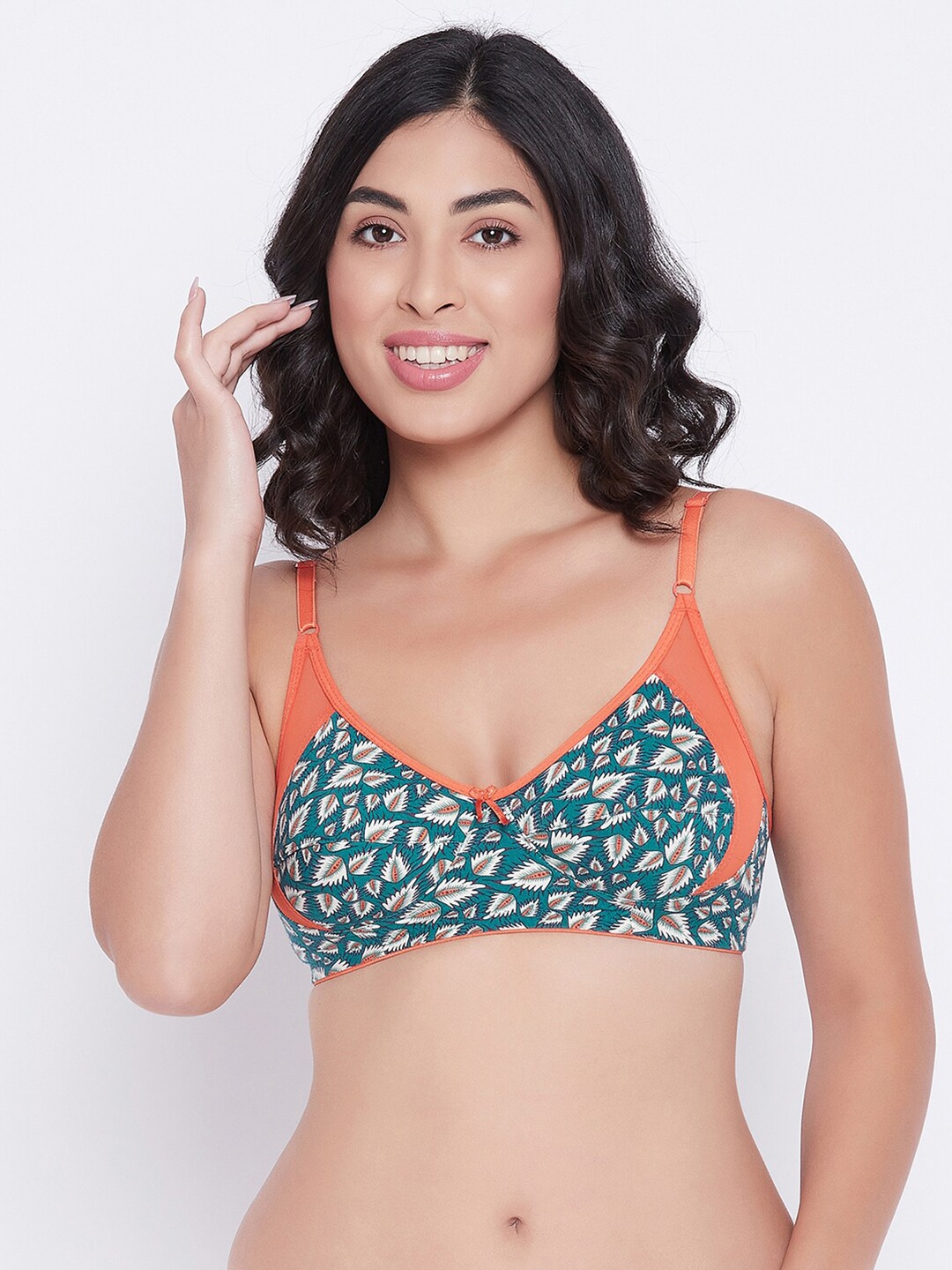 

Clovia Teal Blue & Orange Floral Bra - Non-Wired Full Cup
