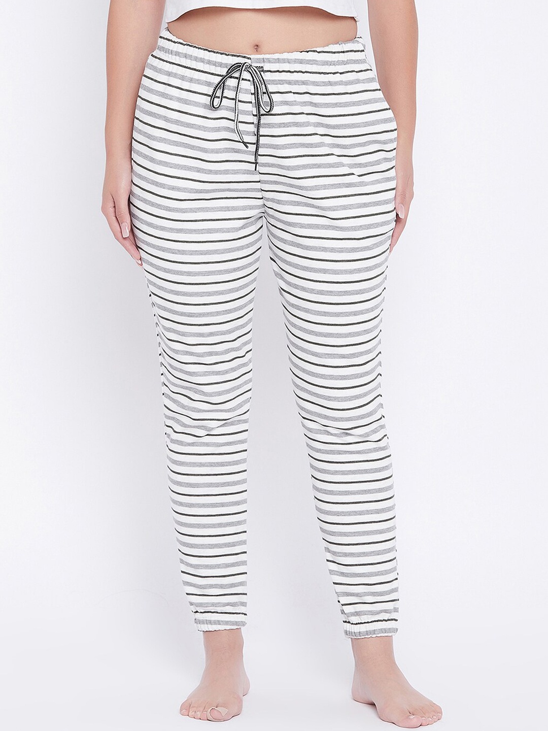 

Clovia Women White & Blue Striped Mid-Rise Fleece Lounge Pants