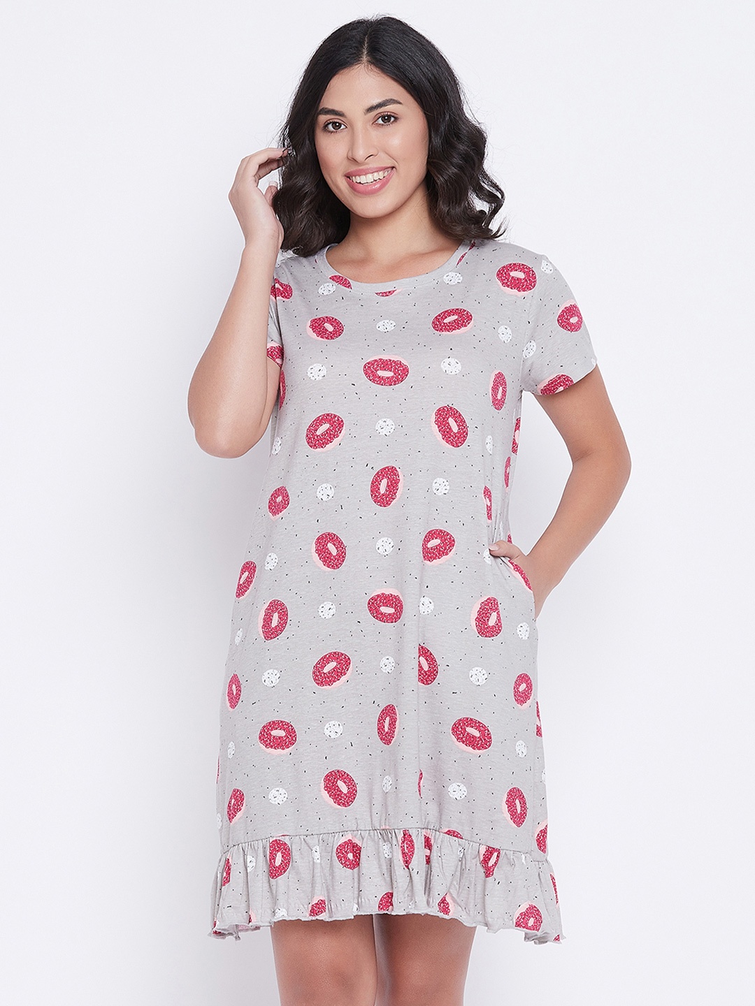 

Clovia Donut Print Short Night Dress, Grey