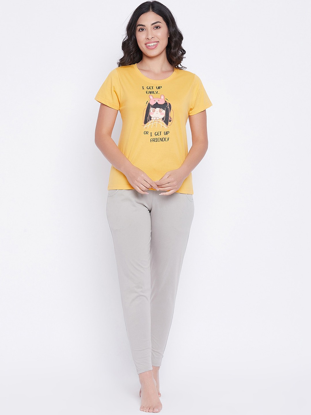 

Clovia Women Yellow & Grey Printed Pure Cotton Night suit