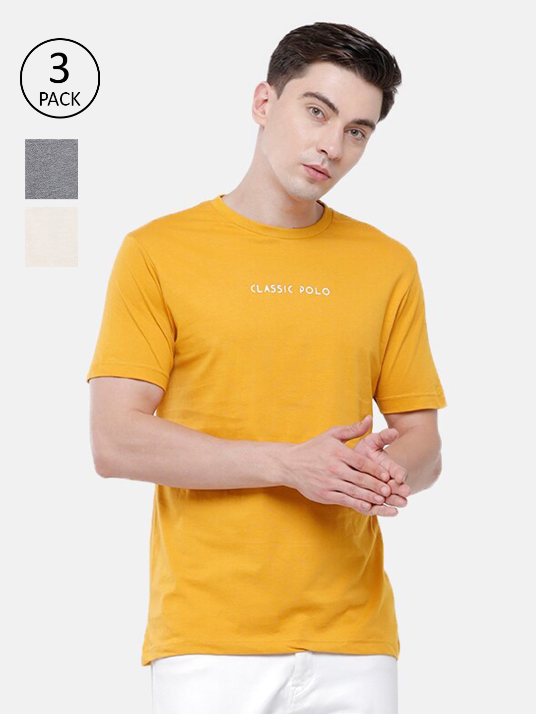 

Classic Polo Men Pack Of 3 Solid Slim Fit Pure Cotton T-shirt, Multi