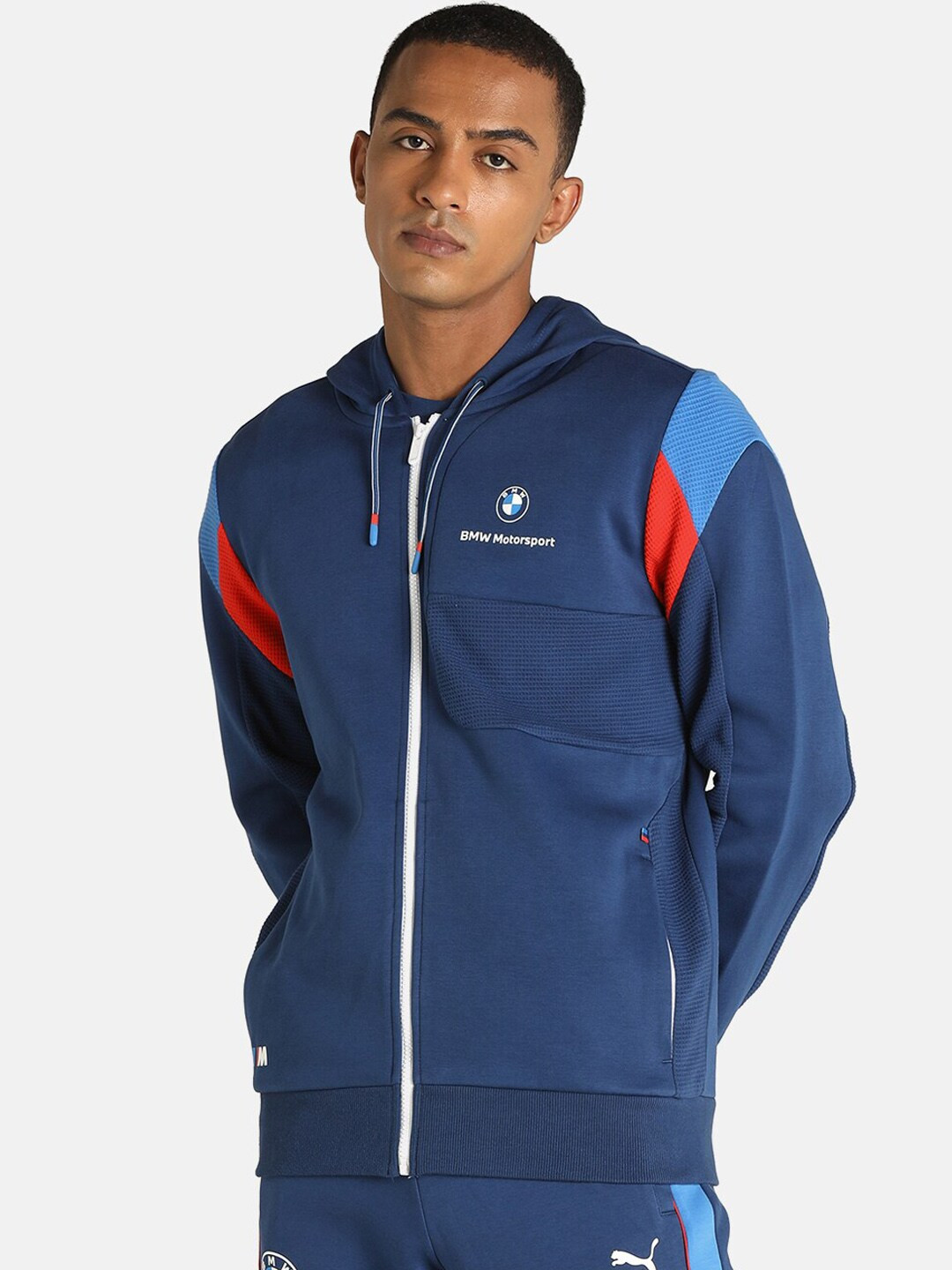 

PUMA Motorsport Men Colourblocked BMW Hooded Sustainable Regular Fit Motorsport Jacket, Blue