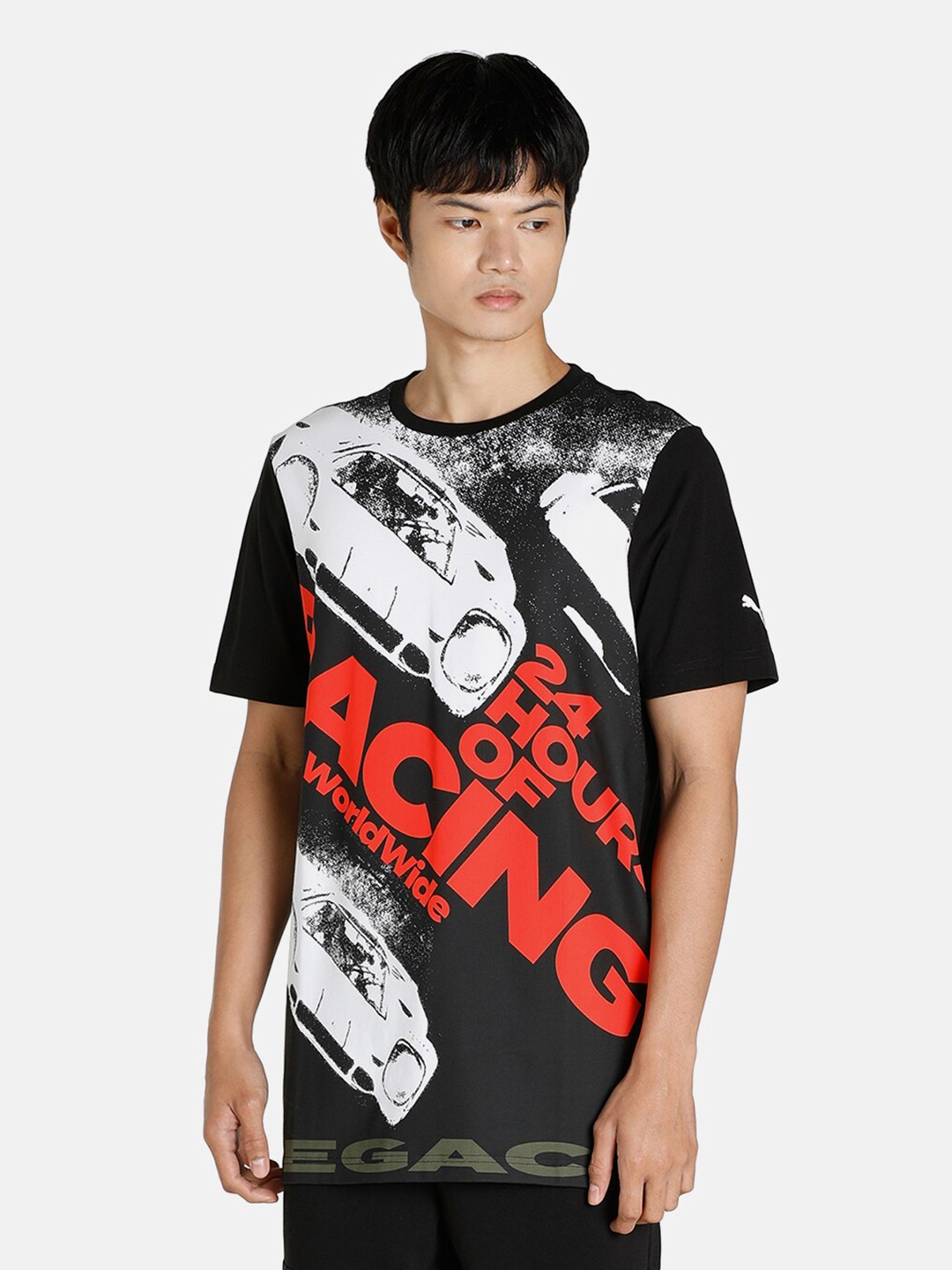 

PUMA Motorsport Porsche Legacy Statement Graphic Printed Raw Edge Regular Fit T-shirt, Black