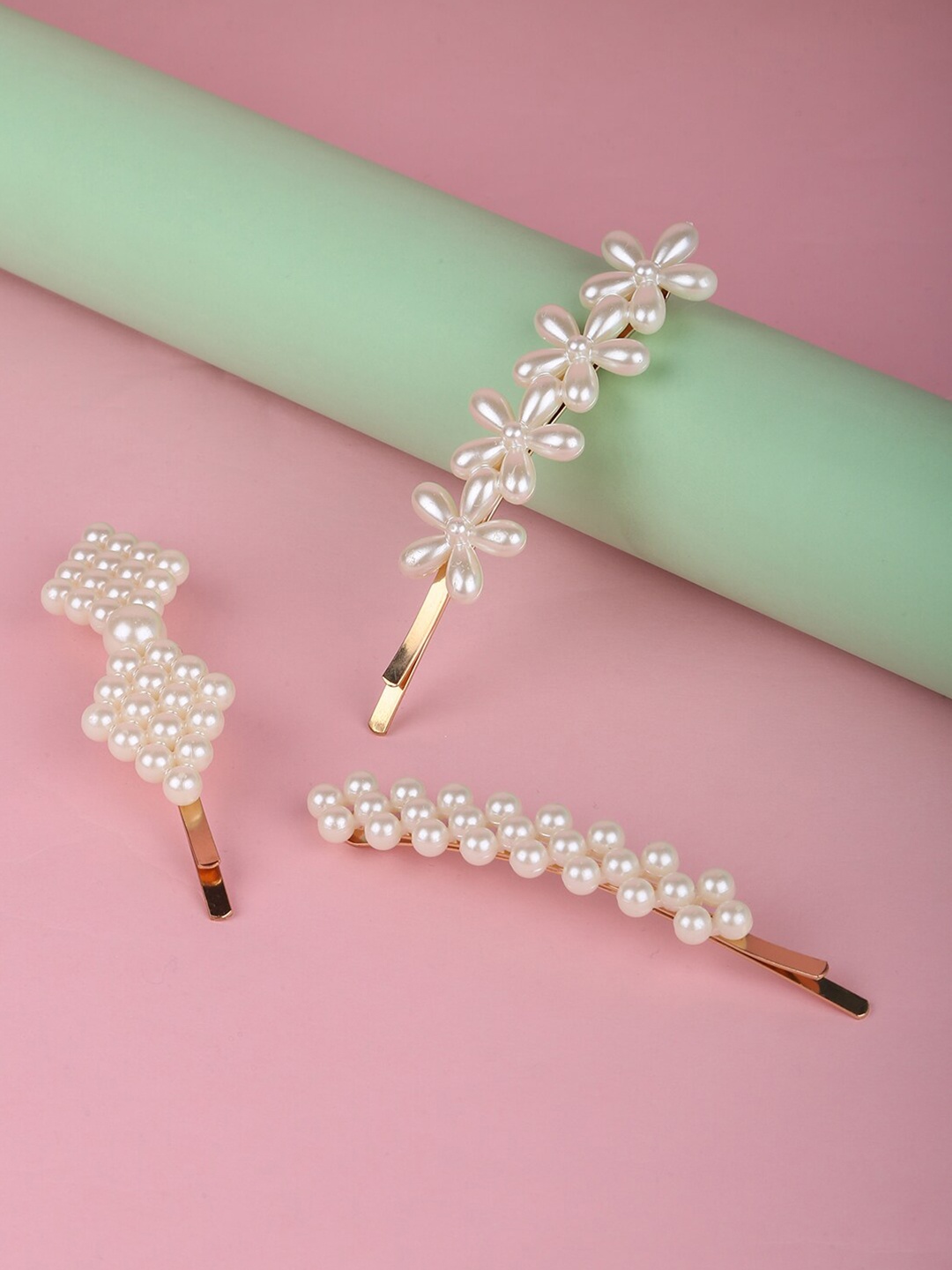 

Lilly & sparkle Women White & Gold-Toned Set of 3 Embellished Bobby Pins