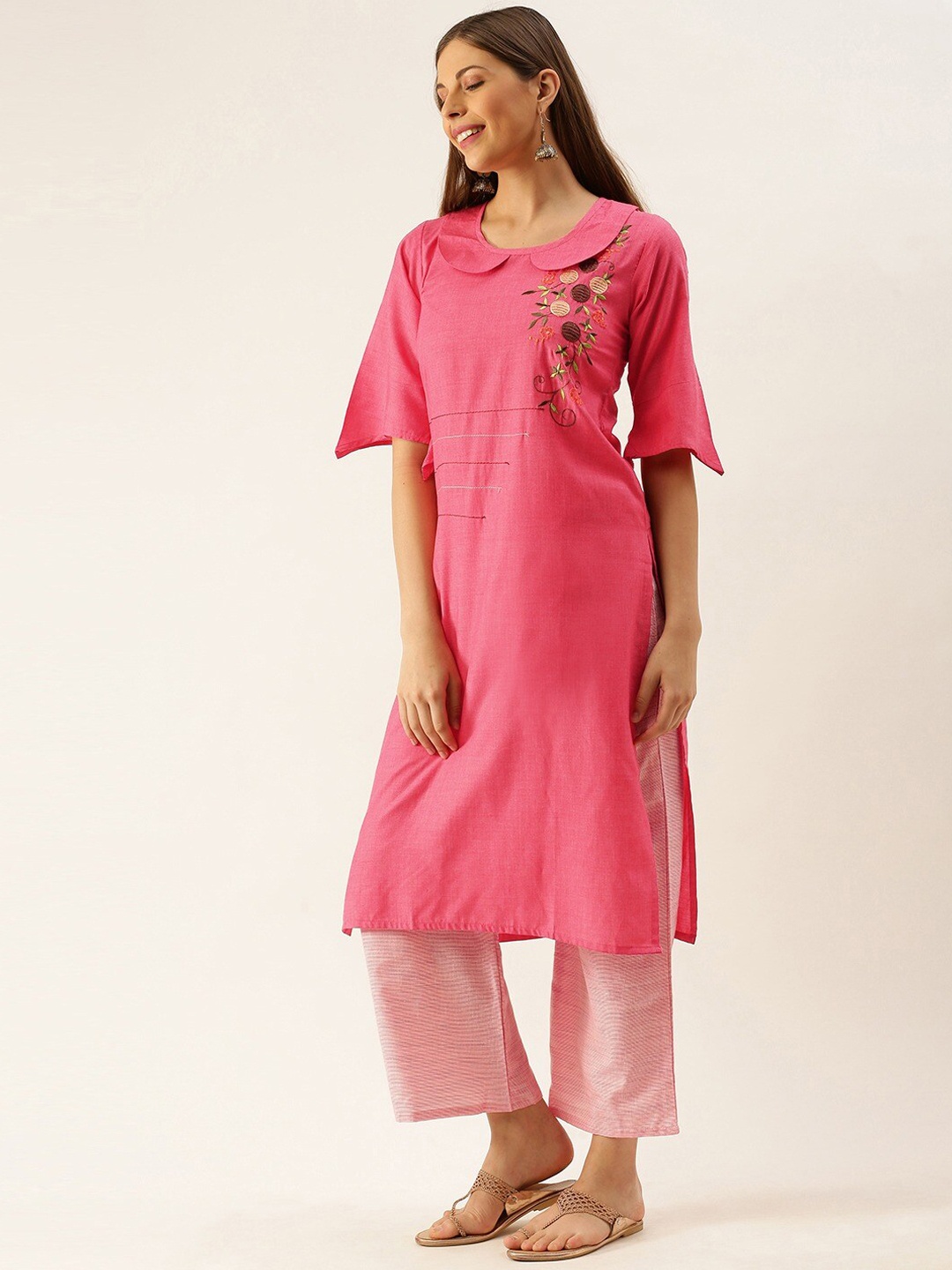 

KALINI Women Pink Panelled Thread Work Kurta with Palazzos
