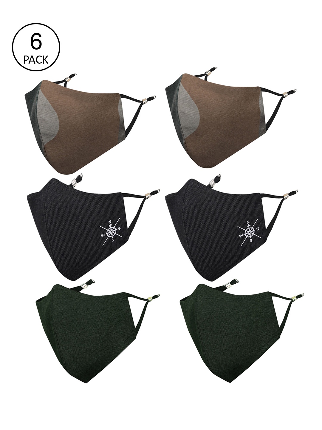 

MASQ Men Pack of 6 Reusable 3-Ply Adjustable Anti-Pollution Pure Cotton Cloth Masks, Olive