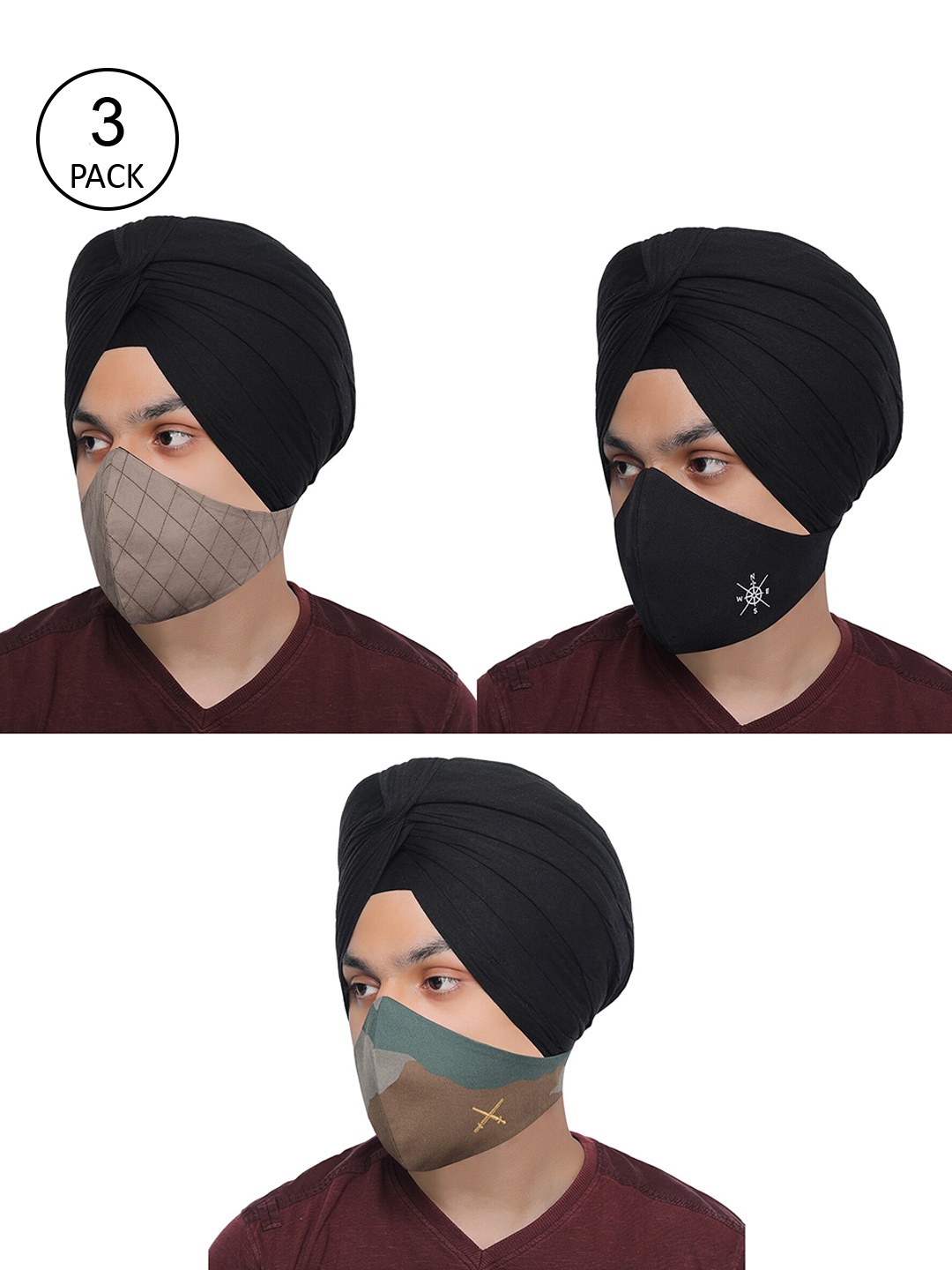 

MASQ Men Pack Of 3 Black & Grey 3-Ply Pure Cotton Reusable Cloth Face Masks