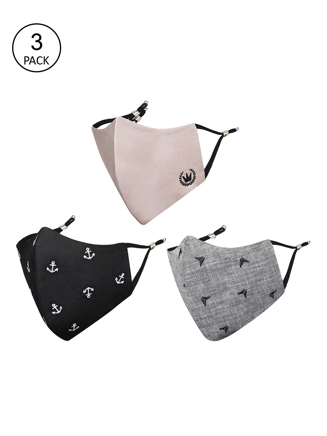 

MASQ Women Pack Of 3 Self-Design Pure Cotton 4-Ply Outdoor Cloth Masks, Black