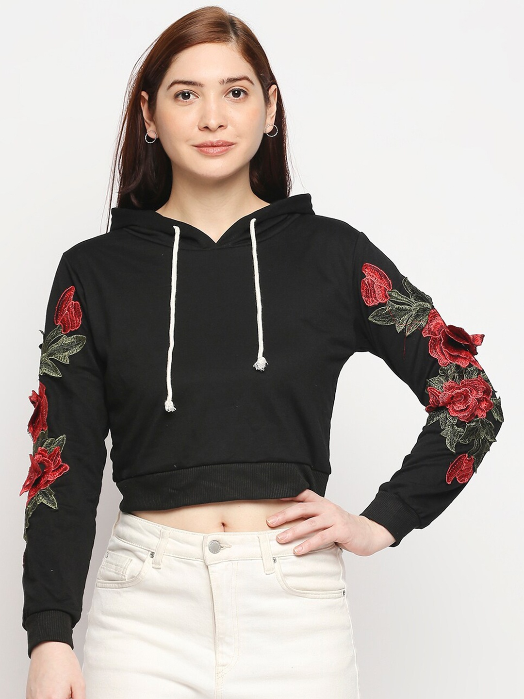 

LYKKEIN Women Black Hooded Sweatshirt