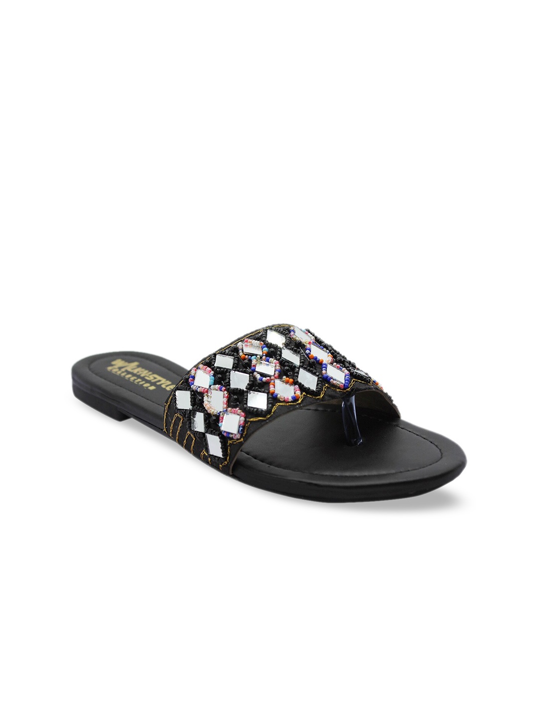 

WALK N STYLE COLLECTION Women Black Embellished Leather Ethnic Open Toe Flats