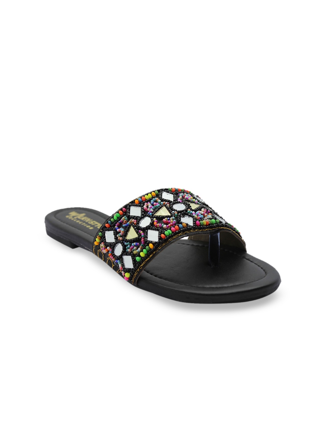 

WALK N STYLE COLLECTION Women Black Embellished Leather Ethnic Open Toe Flats