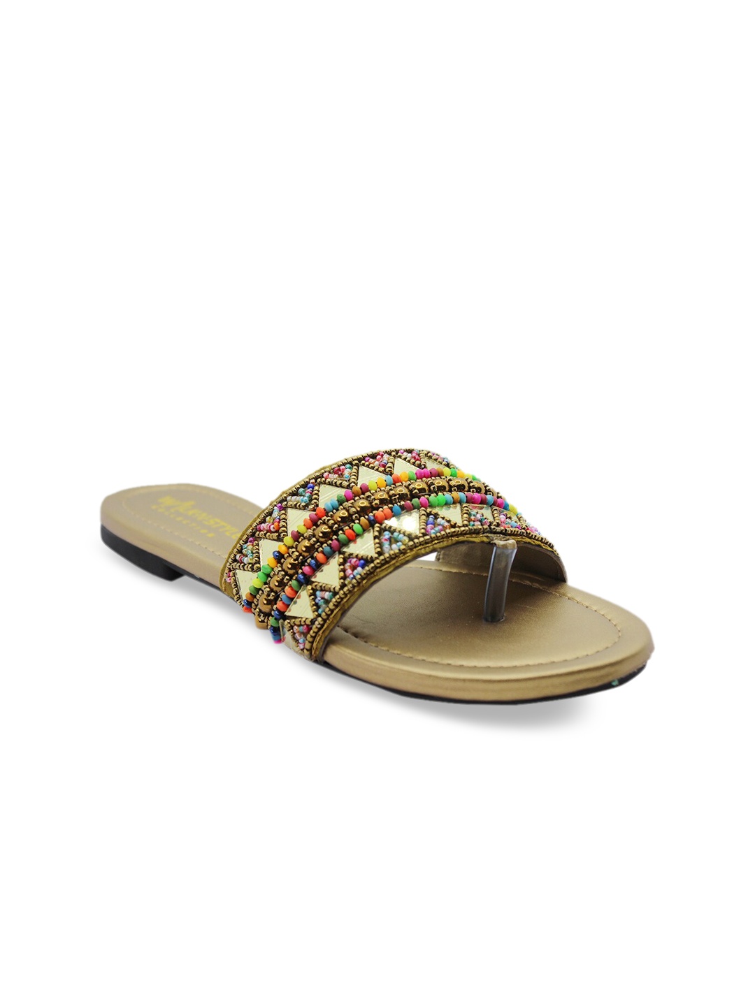

WALK N STYLE COLLECTION Women Tan Embellished Leather Ethnic Open Toe Flats