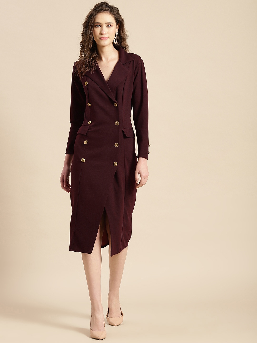 

WoowZerz Women Burgundy A-Line Midi Coat Dress
