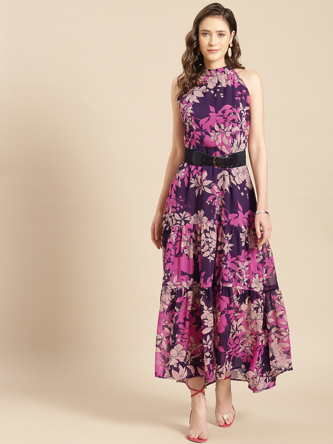 

WoowZerz Women Purple & Pink Floral Halter Neck Maxi Dress with a Belt