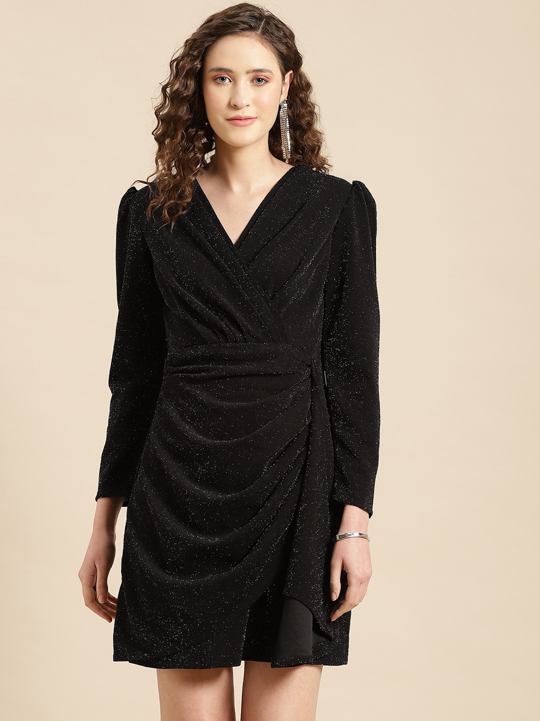 

WoowZerz Black Solid Drape Detail A-Line Dress
