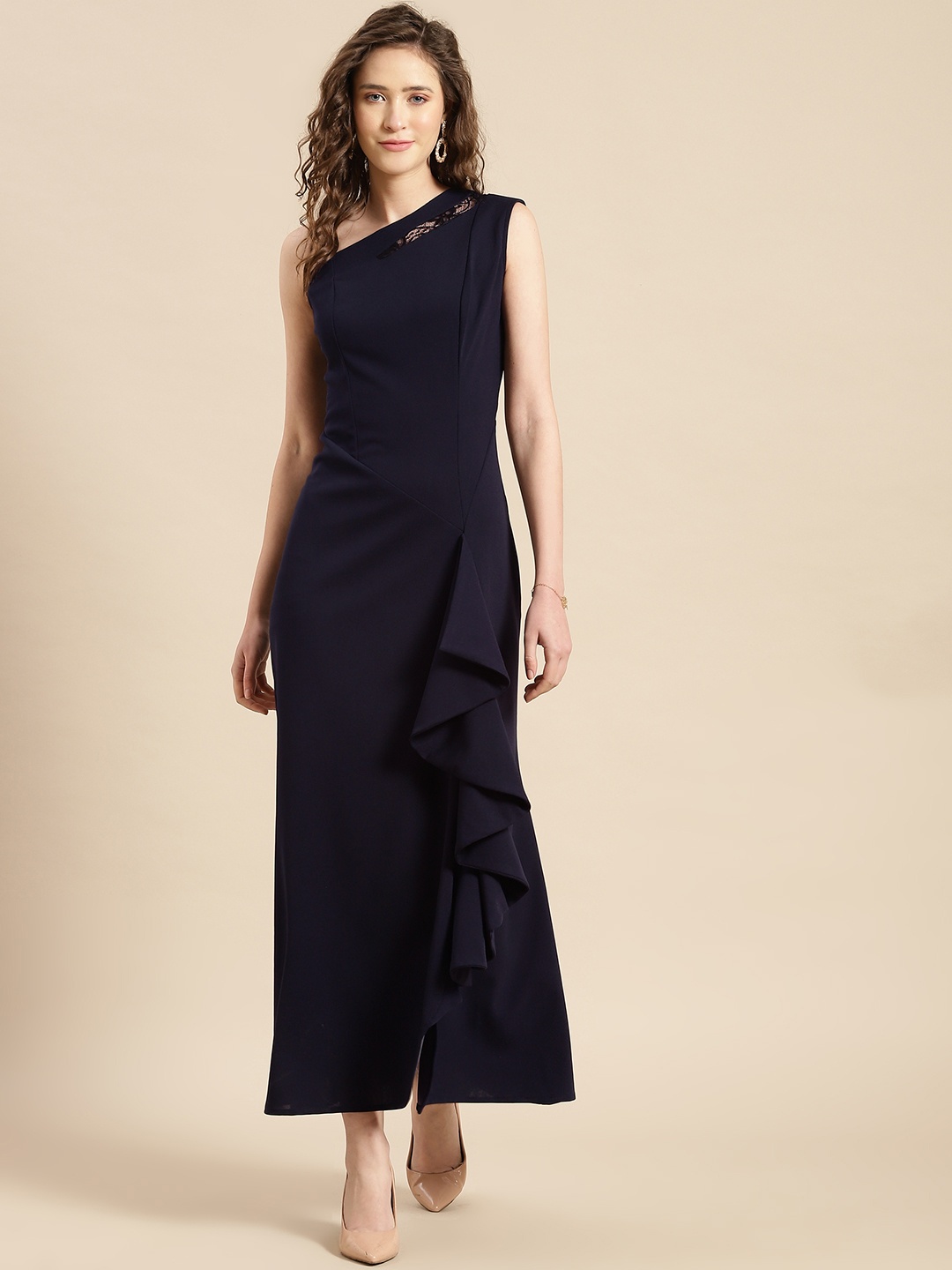 

WoowZerz Navy Blue Solid One Shoulder A-Line Maxi Dress
