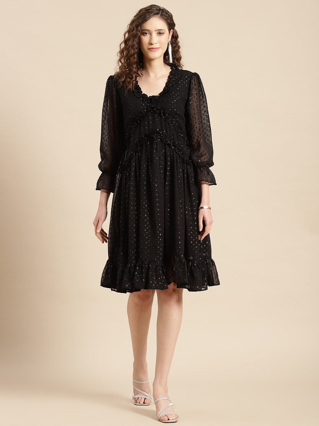 

WoowZerz Black Self Design Chiffon A-Line Dress