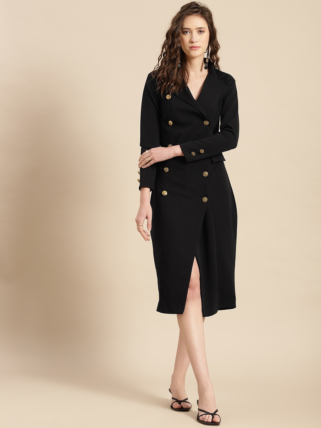 

WoowZerz Black Formal A-Line Midi Coat Dress