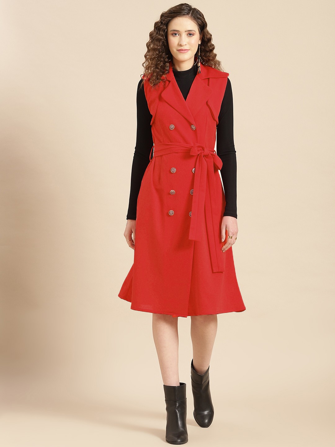 

WoowZerz Red A-Line Coat Dress with A Belt