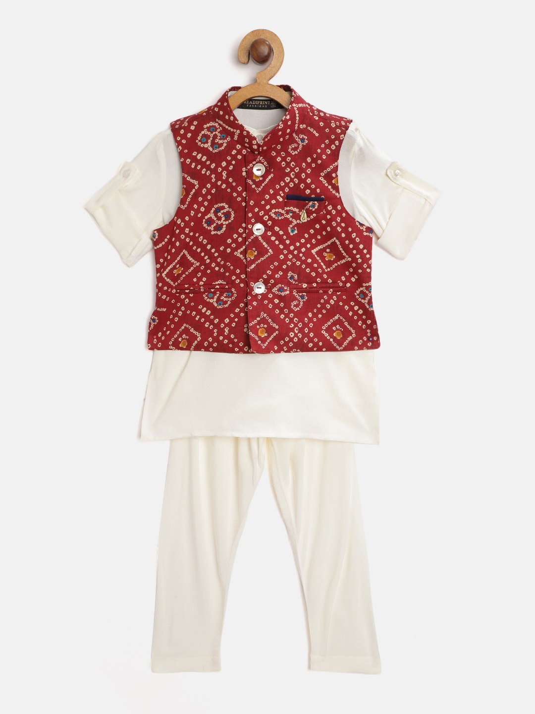 

Readiprint Fashions Boys White Bandhani Kurta & Pyjamas With Nehru Jacket
