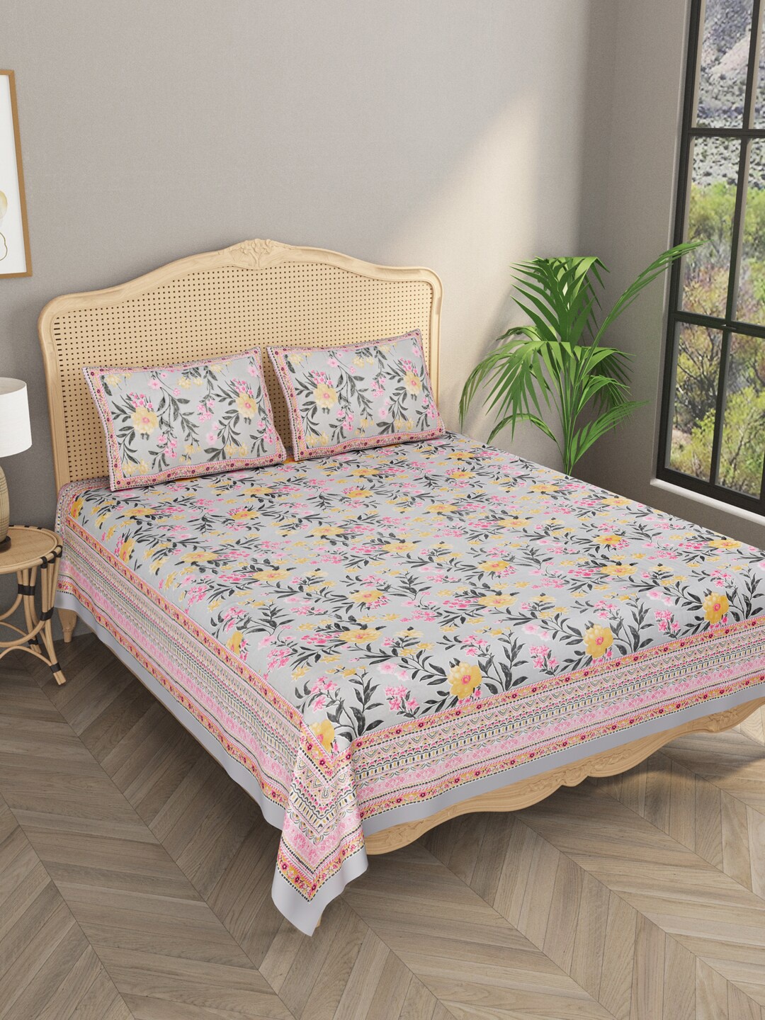 

Gulaab Jaipur Grey & Pink Floral 600 TC King Bedsheet with 2 Pillow Covers