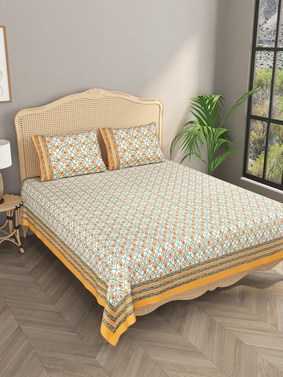 

Gulaab Jaipur Yellow & White Ethnic Motifs 600 TC King Bedsheet with 2 Pillow Covers
