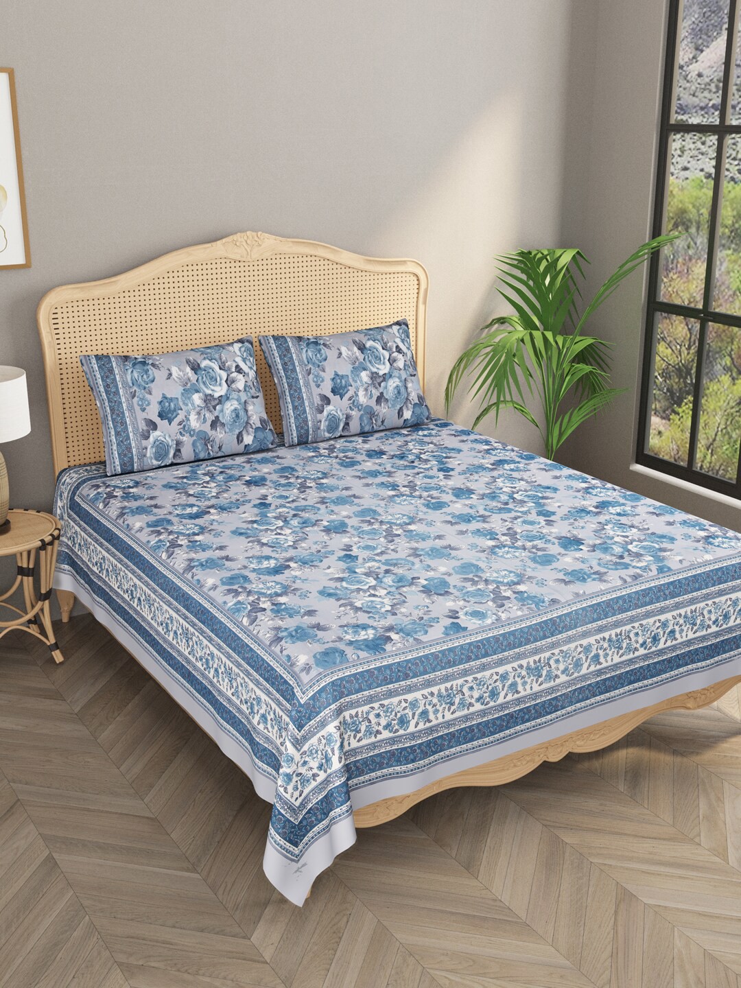 

Gulaab Jaipur Grey & Blue Floral 600 TC King Bedsheet with 2 Pillow Covers