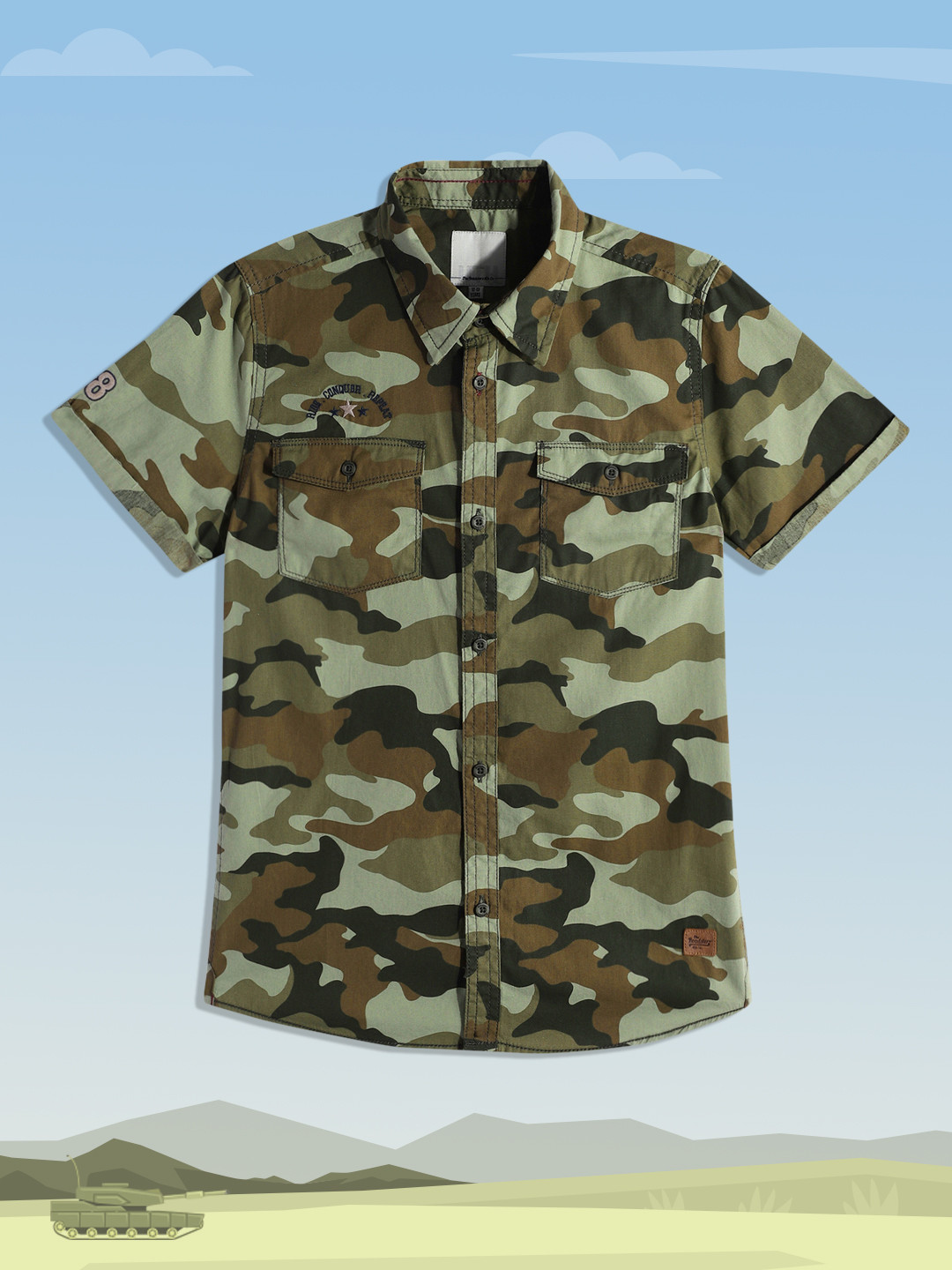 

UTH by Roadster Boys Olive Green Camouflage Print Pure Cotton Casual Shirt