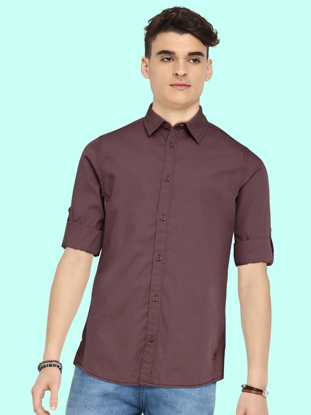 

UTH by Roadster Teen Boys Purple Solid Pure Cotton Casual Shirt